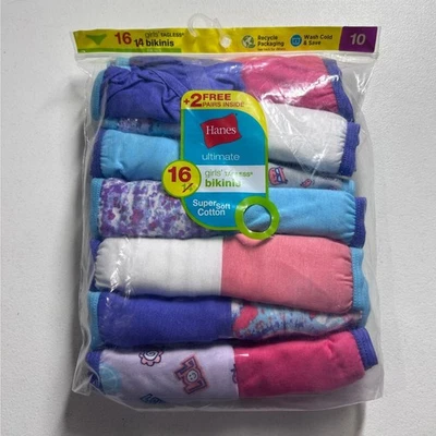 Hanes Ultimate Girls Tagless Cotton Bikini Underwear 16 Pack Size 10 NEW - Image 1 of 4