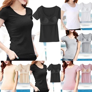 Stylish Ladies Layered T shirt with Built in Bra Short Sleeve Tops for Women - Picture 1 of 23