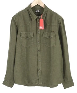 DIESEL S-East-Long-Lin Men Shirt L Olive Green Linen Spread Neck RRP€175 - Picture 1 of 11