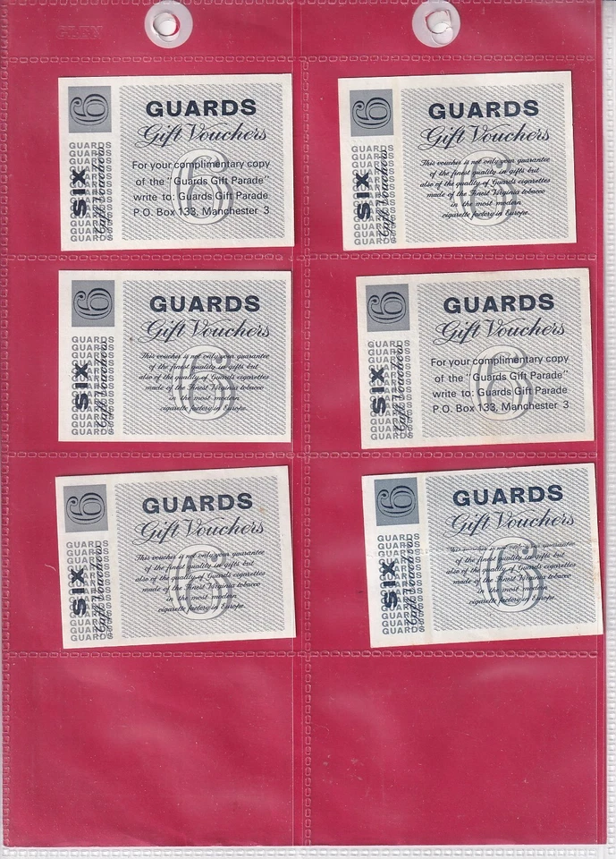 CARRERA'S GUARDS GIFT VOUCHERS - 6  x 6 VOUCHERS - PACKET INSERTS  - 1960s - Image 1 of 1