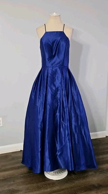 Betsy & Adam Formal Azul Satinado Alto Bajo Vestido de Noche Foto 1 de 4
