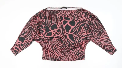 Lipsy Women’s Pink Animal Print Cropped Blouse UK 2 Boat Neck - Image 1 of 4