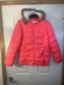 Happy Justice Girl Neon Coral Pink Winter Puffer Coat Jacket Sherpa Lined SZ 20 - Picture 1 of 8