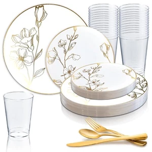 Disposable Plastic Dinnerware Wedding Party Package Antique Floral Plates Set - Picture 1 of 20