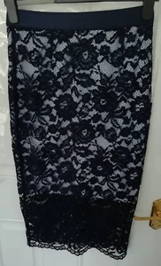 Coast Size 10 Navy Blue Pale Blue Lace Pencil Skirt Lined Back Zip Occasion - Picture 1 of 6