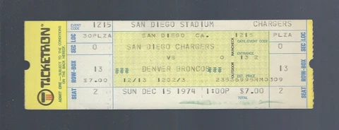 DAN FOUTS - VINTAGE 1974 DENVER BRONCOS @ SAN DIEGO CHARGERS FULL TICKET - TM Cover