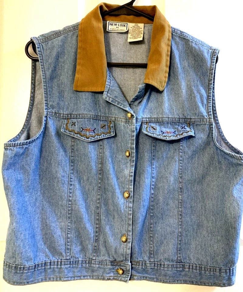 Chaleco Denim Vintage NEW LOOK Cuello Marrón Bordado Abotonada GRANDE Foto 1 de 4