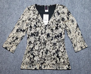 Wickelbluse Damen M Elfenbein Schwarz Blumen Spitze 3/4 Arm Metallic Stretch Neu - Bild 1 von 9