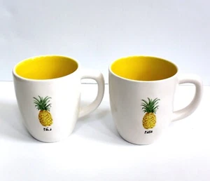 Rae Dunn Lot of 2 Pineapple Pina Ceramic Cup Mug Yellow Interior NEW - Picture 1 of 5