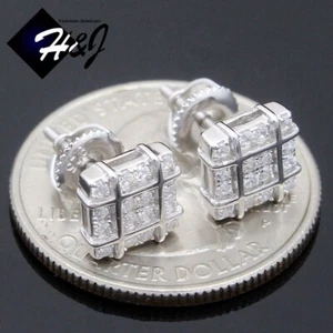 MEN WOMEN SOLID 925 STERLING SILVER ICY BLING CZ 7MM 3D SQUARE STUD EARRING*E242 - Picture 1 of 3