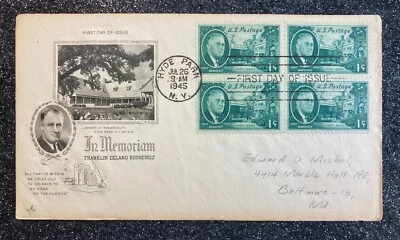 1945 1st-Day Issue Franklin Roosevelt In Memoriam 1¢ Stamps / FDR/Hyde Park, NY - Image 1 of 4