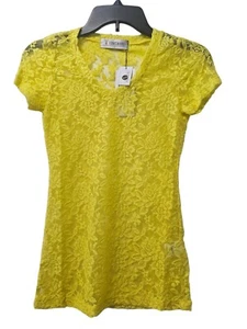NWT Yellow Lace Sheer V Neck Short Sleeve Top size Extra Small XS - Picture 1 of 2