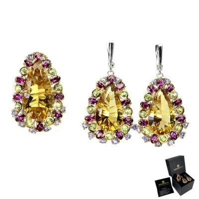 925 Argento Sterling Fatto a Mano Pera Citrino 52ct Peridoto Rodolite Gemma Set - Immagine 1 di 4