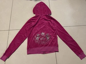 Vintage JUICY COUTURE Pink Velour Reflective Logo Hoodie Size Large Made USA - Picture 1 of 11