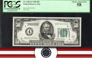 1928 $50 CLEVELAND NUMERICAL FRN Federal Reserve Note PCGS 58 Fr 2100-D 53778 - Picture 1 of 3