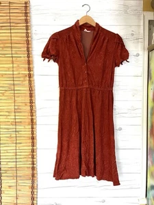 Vintage 70s Jackie O Blouson Terry Cloth Dress Cap Sleeve Burnt Orange Small - Picture 1 of 7