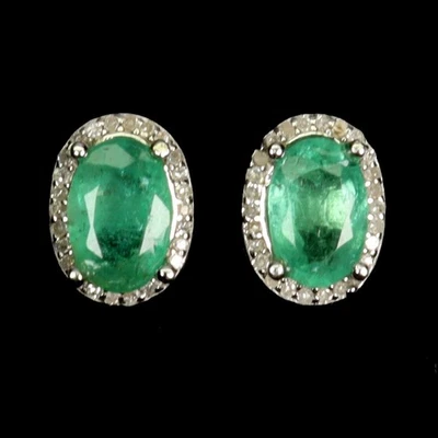 925 Sterling Silver Earrings Oval Emerald 6x4mm Diamond 64pcs Gemstone Jewelry - Image 1 of 4