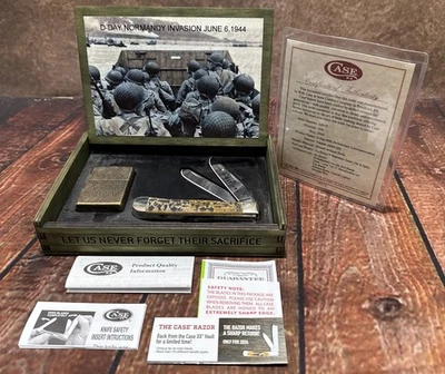 Cuchillo de bolsillo Case Trapper y encendedor Zippo día D 80 aniversario caja de madera personalizada y certificado de autenticidad Foto 1 de 4