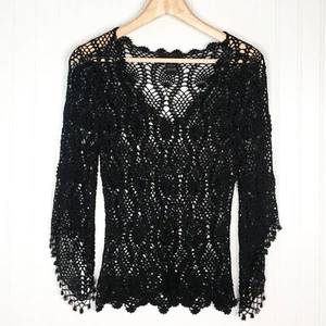 Vintage Limited Handknit Crochet Top Blouse beaded sleeves V-neck Black Small - Picture 1 of 4