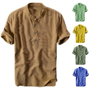 Mens Linen Cotton Short Sleeve T-shirt Henley Neck Grandad Top Tee Shirt *