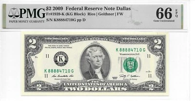 2009 Dallas $2 FRN Lucky Money KG Block PMG 66 EPQ Gem Uncirculated (K88884710G) - Image 1 of 2