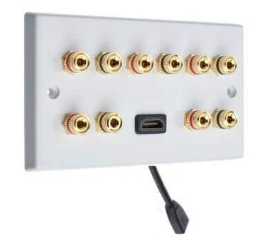 White 5.0-1H Speaker Wall Plate + 1 HDMI. 10 Gold Binding Posts Non-solder - Image 1 of 2