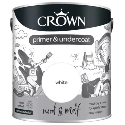Crown MDF Wood Primer & Undercoat Quick Dry White Paint Size 750ml & 2.5L - Image 1 of 4