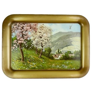 Vassoio servizio latta metallo vintage decorazione primavera casetta prato fiori litografia 18" - Foto 1 di 17