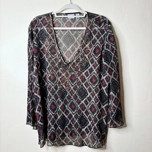 Chicos Blouse Size 2/L Black Red White Ikat 100% SILK Chiffon Beaded Sheer Top - Picture 1 of 7