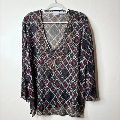 Blusa Chicos Talla 2/L Negra Roja Blanca Ikat 100% SEDA Gasa Cuentas Top Transparente Foto 1 de 4
