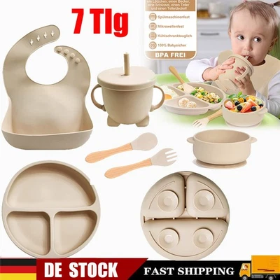 7-teilig Silikon Baby Geschirrset, Rutschfest Kindergeschirr Set mit Saugnapf DE - Bild 1 von 4