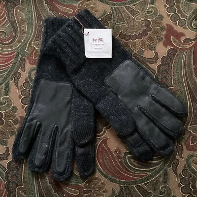 Luvas de inverno MEN COACH carvão urze tela sensível ao toque dedos lã couro preto - Imagem 1 de 4