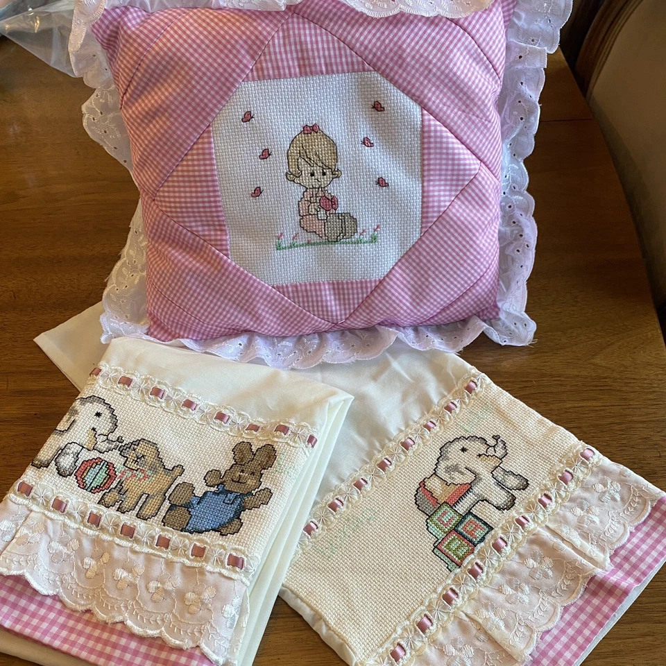 Handmade Cross Stitch Baby Crib Coverlet Pillow & Sham Pink Gingham “BONITO BEBE - Image 1 of 4