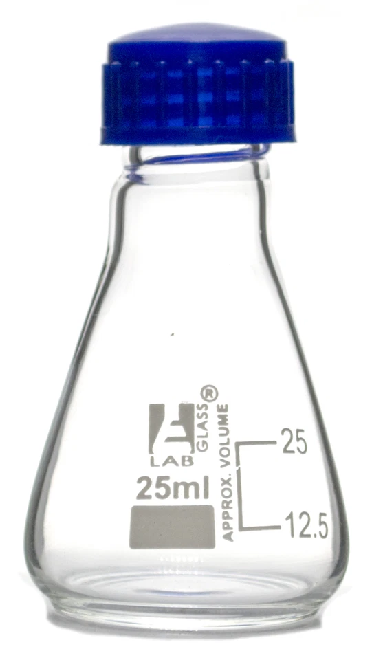 Frasco de vidrio Erlenmeyer de 25 ml con tapa de rosca forrada de PTFE, vidrio de borosilicato 3,3 Foto 1 de 1