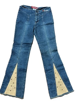 GUESS Girls Jeans 80s SZ 10 Boho Hippie Bell Bottom Festival Denim Suede Studs - Image 1 of 4