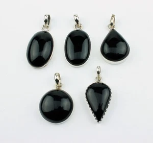 Pendente In Onice Pietre Preziose Incastonate In Argento 925 Cabochon Nero - Picture 1 of 7