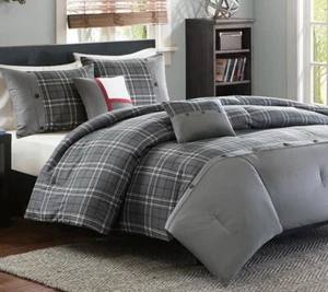 GREY PLAID COMFORTER SET : DARYL MODERN WHITE SLATE GRAY PIECED STRIPE - Picture 1 of 6