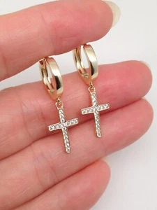 925 Sterling Silver Cz Gold Cross Huggie Hoop Dangle Earrings Mens Womens 29mm - Picture 1 of 8