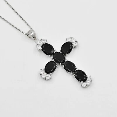 Colgante Cruz Santa Espinela Negra Natural Plata de Ley 925 Piedra de Nacimiento de Agosto Foto 1 de 4