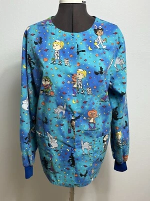 Halloween Scrub Top Shirt Adult Small Blue Fashion Scrub Trick-Or-Treat Pockets - Image 1 of 4