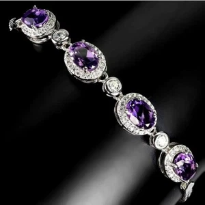 Natural Purple Amethyst 7x5mm & Cz 925 Sterling Silver Bracelet 7" - Picture 1 of 3