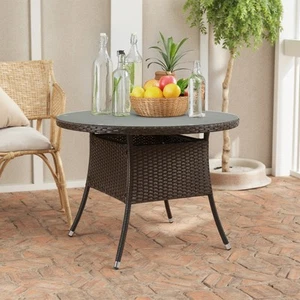Black Rattan Outdoor Dining Set 1 Round Glasstop Table&4 Cushioned Wicker Chairs - Picture 1 of 11