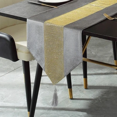 Shiny Bling Gold Grey Thick Velvet Tassels Deco Wedding Bed Table Runner Cloth - Image 1 of 4