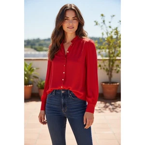 Ann Taylor Petite Red Blouse Ruffle Neck Faux Pearl Buttons MP Holiday Valentine - Picture 1 of 8