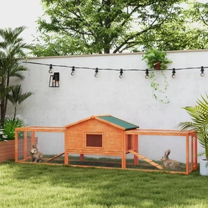 PawHut Rabbit Hutch, Wooden Bunny House w/ Tray & Ramps, for Garden, Orange - Picture 1 of 11