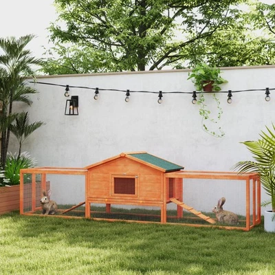 PawHut Rabbit Hutch, Wooden Bunny House w/ Tray & Ramps, for Garden, Orange - Image 1 of 4
