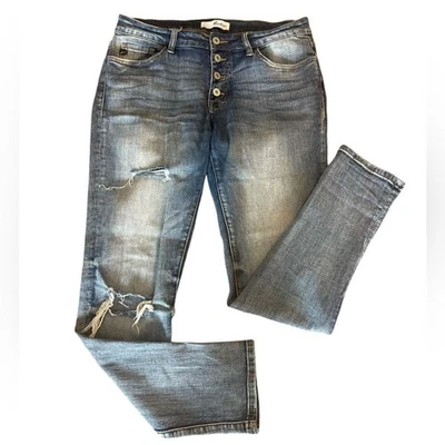 Pantalones de mezclilla KanCan tiro medio corte novio desgastados botón mosca para mujer 7 o 27 Foto 1 de 4
