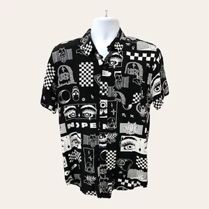 Hot Topic Nope Shirt Men's Sz M Rayon Black White Anime Eyes All Over Print - Picture 1 of 8