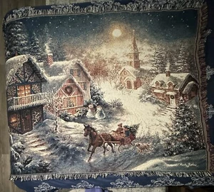 VTG Nicky Boehme Tapestry Blanket Winter Church In The Snow 70 x 52” Cottagecore - Picture 1 of 8