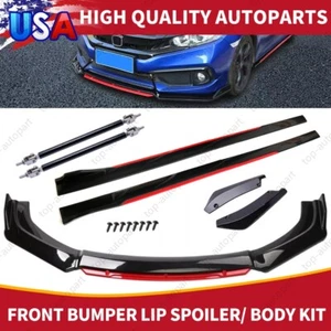Front Bumper Lip Spoiler/ Body Kit+Side Skirt Glossy black-Red For Honda Civic - Picture 1 of 13